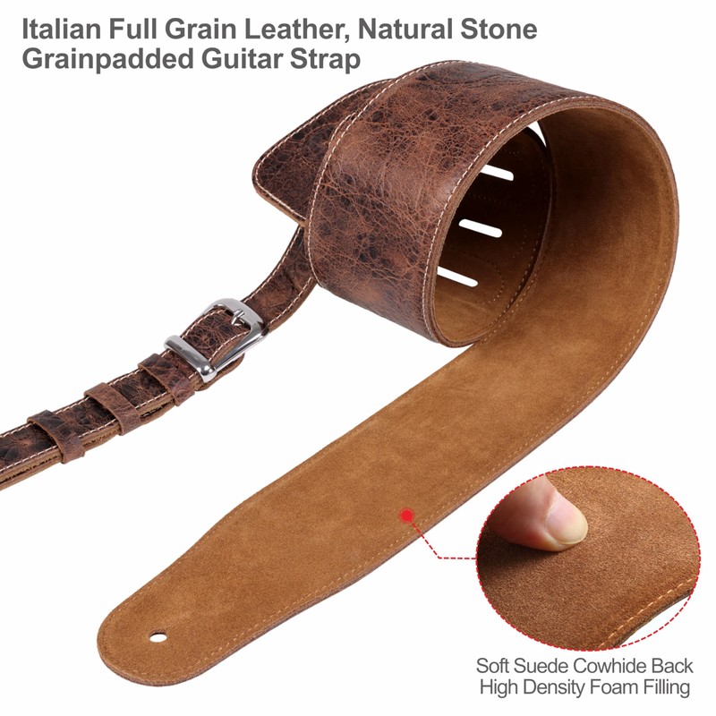 Nefelibata 3" Wide Extended Guitar Strap, Full Grain Cowhide Leather