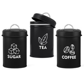 Homikit Tea Coffee Sugar Canisters Set of 3, Metal Food Storage Jars with Airtight Lids, Decorative Kitchen Storage Tins for Farmhouse/Countertop Décor, Sturdy & Easy To Clean, Retro Design - Black