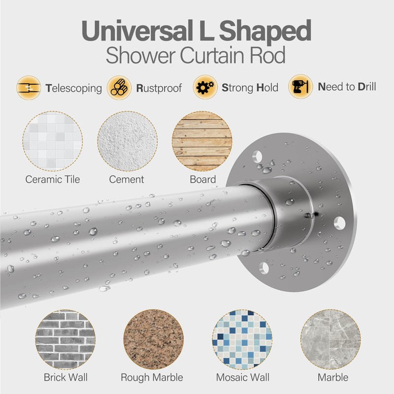 Yampos Diamond Shaped Corner Shower Curtain Rod, [Both Sides: 22"-34.8",