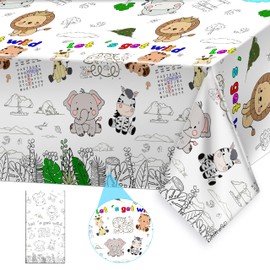 Giant Jungle Animal Coloring Tablecloth for Kids - Huge Cute Animal Theme Table Cover Large Let's Get Wild Poster for Children Safari Zoo Birthday Party Supplies Decorations 54x108 Inch
