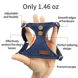 No Pull xs Dog Harness with Multifunction Dog Leash,Soft Adjustable No Choke Escape Proof Pet Harness Vest,Denim Blue,XS