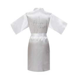 ALHAVONE Rhinestone Flower Girl Silky Satin Solid Color Short Kimono Robe for Wedding Birthday Party Spa (White,6)