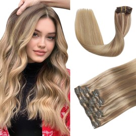 XDhair Clip in Hair Extensions 120g 22 Inch 6pcs Balayage Golden Brown to Light Blonde Clip in Hair Extensions Natural Silky Human Hair(C#10/27/27,22Inch)