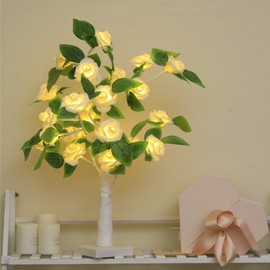 24" Tree Table Lamp 24 White Artificial Flower Rose Lights Wedding Light Home Decor Bedside Table Night Light Battery Powered Table Lamp for Girl Women, Mother's Day, Valentine's Day, Birthday Present