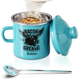 PGYARD Mini Bacon Grease Container With Strainer - 15OZ Farmhouse Enamel Grease Saver, Fat Storage For Kitchen, Dishwasher Safe-Light Blue