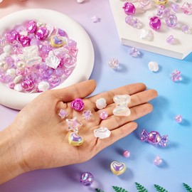 Magibeads 58Pcs Assorted Acrylic Beads Purple Kandi Beads Aesthetic Beads Candy Color Random Star Heart Round Fall Beads for Girly Crafts DIY Friendship Bracelet Jewelry Making Supplies