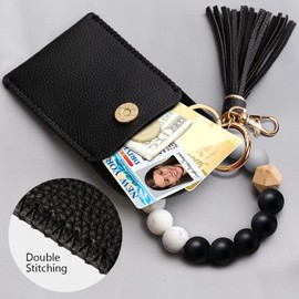 UpUDo Keychain Bracelet Wristlet, Silicone Beaded Key Ring Bracelet with Card Wallet, Elastic Keyring Bangle for Womens