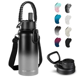 32 oz Insulated Water Bottle with Paracord Handles & Strap, 2 Lids(Straw Lid&Spout Lid), Stainless Steel Reusable Wide Mouth Metal Water Bottle With Straw, Double Walled, Thermo Mug(Black Gray)