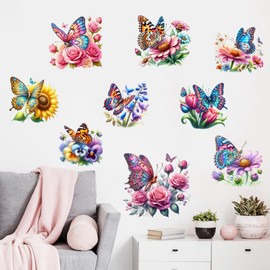 AHQKCRF Colorful Butterflys and Flower Wall Stickers Decor Cute Floral Wall Decals Peel and Stick Removable Wall Art Room Decor for Bedroom Living Room Home Office
