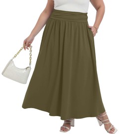 OLRIK Maxi Skirt Plus Size Boho Maxi Skirt Elastic High Waist Pleated Ruffle Flowy Long Skirts Army Green-2X