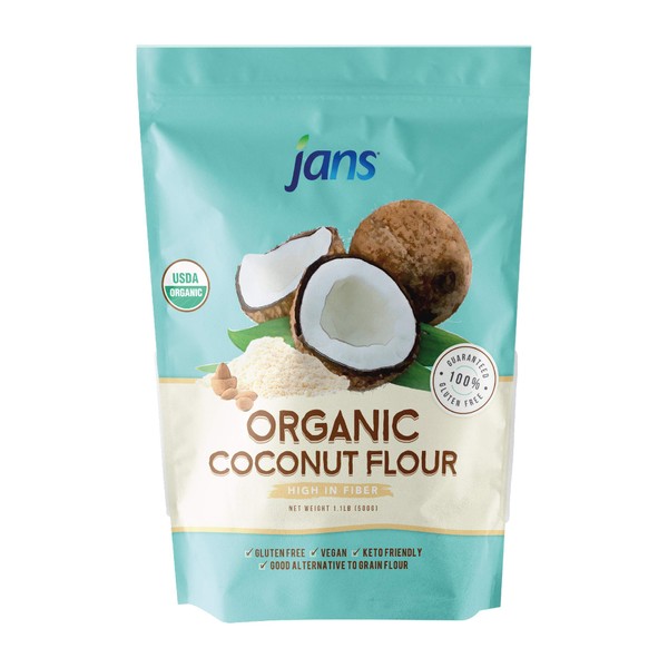 Jans Harina de coco orgánica 1 libra | Sin gluten | Certificado orgánico | Apto para ceto, paleo y vegano | Sustituto de harina para bajo carbohidratos | Alta fibra | Sin blanquear y sin refinar (1 paquete)