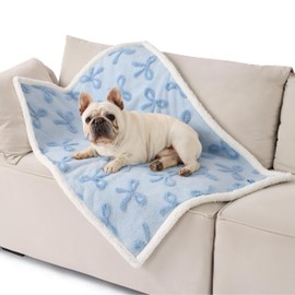 Lesure Waterproof Puppy Blanket for Medium Dogs - Washable Double Sided Dog Blankets with Warm Jacquard Shag and Soft Sherpa Fleece, Pet Cat Blanket for Couch Protection, Bow Design，Ice Blue