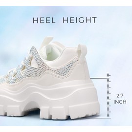 LUCKY STEP Women 90S Chunky Platform Rhinestone Sneakers-Casual Lace-Up Walking Dad Sneakers(White Rhinestone,10 B(M) US)