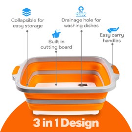 Asado Collabsible XL BBQ Prep Tub w/Cutting Board, Colander & Lid - Great for Tailgating, Barbecue, Meal Prep and Food Storage - Orange