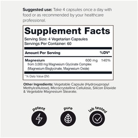 Toniiq 3,000mg Ultra High Strength Magnesium Glycinate - 20% Purified to Contain 600mg of Elemental Magnesium - Chelated and Bioavailable Magnesium Supplement - 240 Veggie Capsules