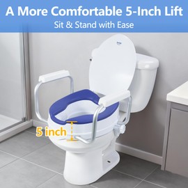 Soaids Raised Toilet Seat Risers for Seniors, Padded Elevated Toilet Seat with Handles, 5 Inch Height, Support to 300 LBS