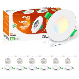 LED Downlights Ultra Slim Dimmable 6W, 3CCT Downlights for Ceiling Warm White 3000K Natural White 4000K Cool White 6500K, IP44 Dimmable LED Downlights for Kitchen Bathroom Living Room 6 Pack White