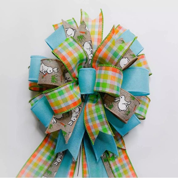 Handmade Light Blue, Check and Bunny Print Easter Bow