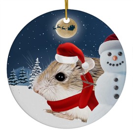 Festive Winter Night Pet and Snowman Ornament - Robo Dwarf Hamster Christmas Ornament Circle Ceramic - Funny Holiday Xmas Tree Decoration Gifts for Hamster Lovers