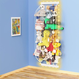 Stuffed Animal Storage Wood Soft Toy Storage for Kids Room，Wall Mount Door Hanging Stuffed Animal Toy Organizer Shelf for Nursery Play Room White with LED Coil -Patent