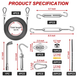 121P Sun Shade Sail Hardware Kit, Windspeed Heavy Duty Sun Shade Sail Stainless Steel Hardware Kit with 4P 10ft Nylon Coated Wire Ropes Shade Sail Installation for Outdoor