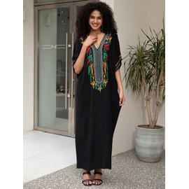 Women V Neck Embroidery Arabic Kaftan Casual Beach Wear Cover Up Side Split Long Dress Black