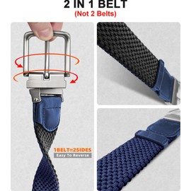 KEMISANT Braided Belt Reversible,Elastic Stretch Belt for Gift Men Golf Casual 1 3/8",2 In 1 Belt(Black/Antique Blue,42"-46"Waist Adjustable)