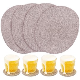 WENFOME 4 Pack Oval Woven Placemats, Mix Brown Cotton Plate Chargers with 4 Pack Round Coasters, Thick Heat Insulation Mats Household Table Mats Braided Bowl Mats Fabric Rustic Placemats for Dining