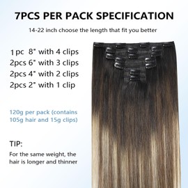 COOKAYU Clip in Hair Extensions Human Hair, 1B/4/27 Natural Black to Medium Brown and Caramel Blonde Real Hair Extensions Clip in Human Hair Thick Silky Straight Extension, 20inch 120g 7Pcs