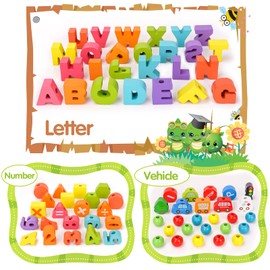 Montessori Sensory Toys for Kids Age 2-3-4, Wooden Toddlers Educational Toys Gifts for 1-3 Year Old Girl Boy Fine Motor Skills Preschool Activities Present Travel Toys Threading & Stacking Letter Car