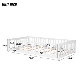 PVWIIK Twin Size Montessori Floor Bed with Wood Slats for Kids Bedroom,Wood Montessori Bed Frame with Safety Guardrails for Girls & Boys,Space Saving Design,White