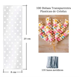 100 Clear Cellophane Candy Bags with White Dots 100 Metal Bows (8 x 20 cm (Pack of 100)