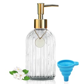 14 Oz Stripe Clear Glass Soap Dispenser with Gold Plastic Pump, Stripe Design Refillable Liquid Hand Lotion Dispenser, Contains Hand Soap and Dish Soap Dispenser, for Kitchen and Bathroom