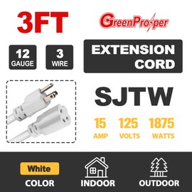 3 FT 12 Gauge Extension Cord Outdoor, Heavy Duty Weatherproof & Flame Retardant White 3 Prong Power Cord, Outside for Garden & Lawn, 15 Amps 1875 Watts 125 VAC 12AWG SJTW, UL Listed