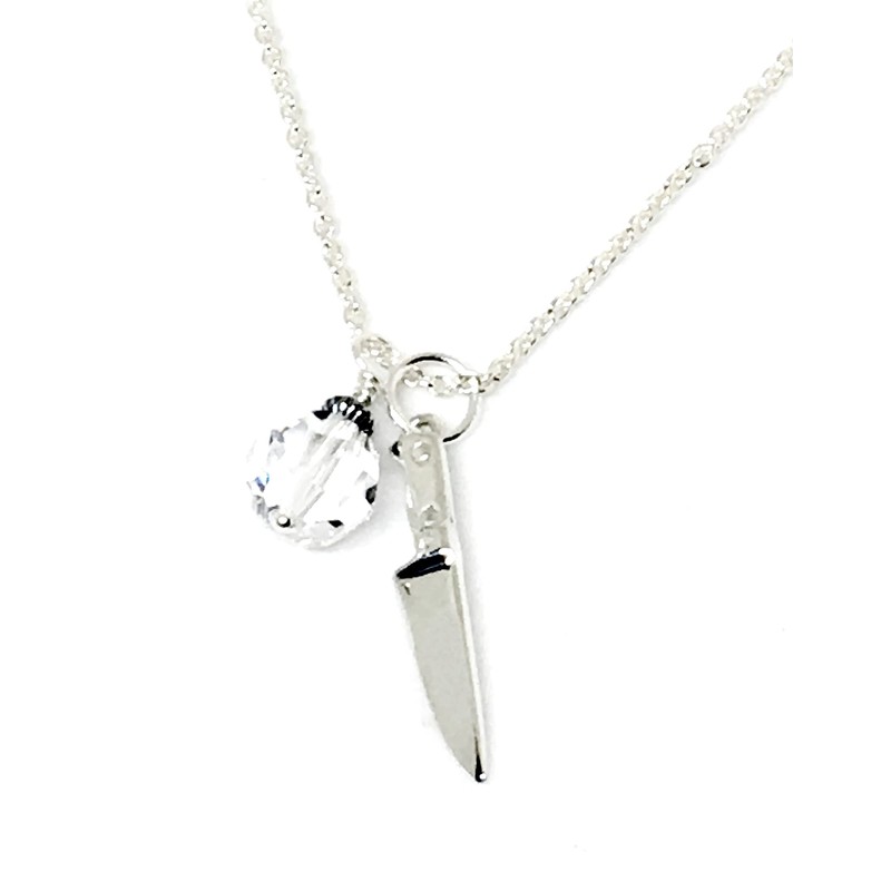 Chef Knife Pendant Necklace in Sterling Silver with Clear Austrian