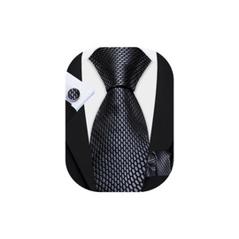 Barry.Wang Mens Tie Set Plaid Check Neckties Formal Business Wedding Luxury Pocket Square Cufflinks, Grey Black, One Size