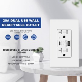 Micmi USB C Outlet PD 24W Power Delivery Type C + A Receptacle 4.8A, Receptacle in-Wall Charger 125 Volt Tamper-Resistant w/Screwless Wall Plate UL Listed (2, White, 20 Amp Outlet)