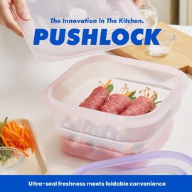 PushLock Collapsible Food Storage Container&Smart Cooking Steam Tray, Space-Saving, Platinum Silicone, Microwave&Freezer&Dishwasher Safe, for Cooking&Leftovers, BPA-Free, 60oz per Unit (GREEN&PINK)