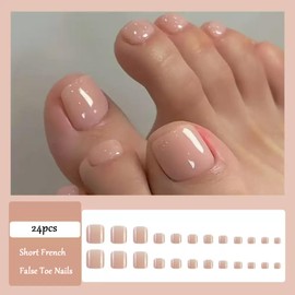 Short French False Toe Nails - Nude Press on Toes Nails Square - Solid Color Fake Toe Nails Glue on - 24Pcs Natural Acrylic Spring Summer Seaside Beach Toenails for Women and Girls Foot