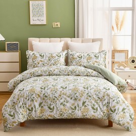 DJY Green Duvet Cover Double Floral Bedding Set, Reversible Lightweight Leaves Bedding Sets 3PCS with Zipper Closure (Double, 200x200cm)