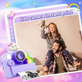 Kids Camera Instant Print - MVNHFSO Portable Instant Print Camera, HD Digital Video Cameras for Toddler, Toddler Travel Camera Toy for 4 5 6 7 8 9 10 11 12 Year Old Boys Girls((Purple)
