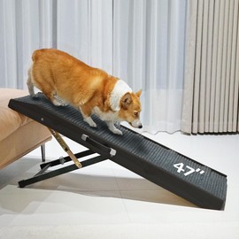 PETKARAY Dog Ramp for Bed, Stepless Adjustment Dog Ramp for Couch, Folding Wooden Pet Ramp for Large Dogs, 47" Long Adjustable Height 9"-24", Black