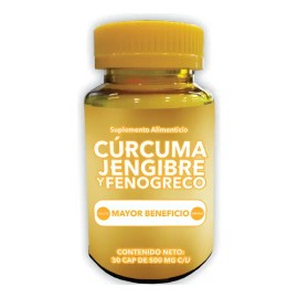 Suplemento Herbal Cúrcuma Jengibre Fenogreco 30 Cápsulas Vegano                                                                                       