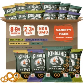 Kindling Protein Pretzels Variety Pack - Sea Salt (3), Dill Pickle (3), Honey Mustard (3), Garlic Parmesan (3) | Protein-Packed Snack | Kosher | 8 - 9g Protein Per Serving | Only 1-2g of Total Sugar | No Artificial Flavors, Soy-Free | Kid’s Snacks & Lunches, Office Snacks, & On-the-Go | 12-Pack (1.06oz Bags)