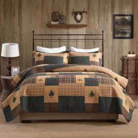 QuiltEase Cabin Plaid Quilts Queen Size - Queen Quilt Set, 100% Cotton Quilt Bedding Set Bedspreads, Lightweight Bear Forest Tree Deer Patchwork Comforter Set, Dark Brown/Dark Green/Beige, 3 PC