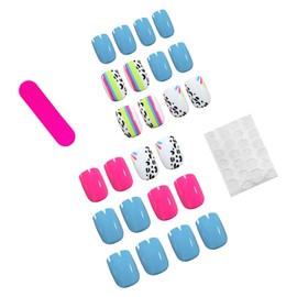 Press on Nails Short Fake Nails Square Acrylic Nails Colorful Full Cover Nails Press ons Glossy Glue on Lines Nails Reusable Stick on Nails for Women Girl 24 Pcs