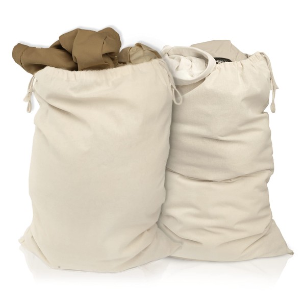 Lot de 2 sacs à linge 50 x 75 cm en 100% coton - très grand sac à linge résistant - collecteur de linge de voyage Boîte à linge réutilisable Rangement de sac à vêtements en couleur naturelle