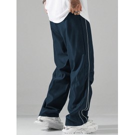 QJQ Men's Y2K Baggy Sweatpants Parachute Pants Wide Leg Vintage Track Pants Casual Streetwear Dark Blue Large