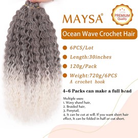 MAYSA Ocean Wave Crochet Hair 30inch, 6Packs Curly Braiding Crochet Hair Extensions, Soft Synthetic Ombre Crochet Hair Extensions #4/56C Chocolate brown mix ash silver