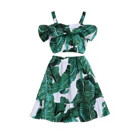 Toddler Baby Girl Strap Banana Leaf Print Strappy Cold Shoulder Cropped Top + Long Skirts Outfits Clothes Set